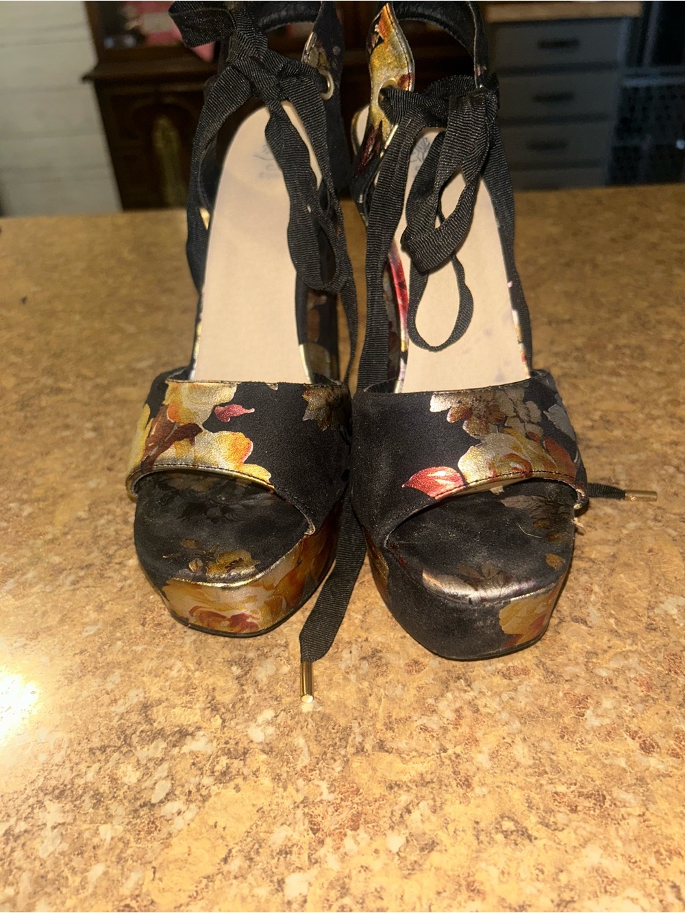 Floral Satin Platform Wedge Sandals with Ankle Tie - Black/Gold